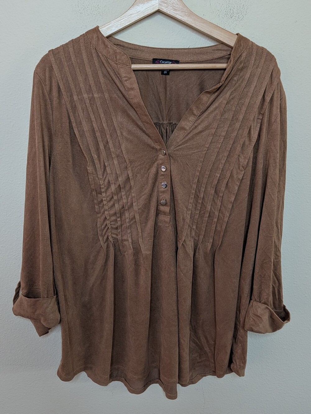 Cocomo Woman Brown Pintuck Popover Top 2X